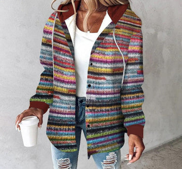 Women's rainbow stripe hooded cardigan