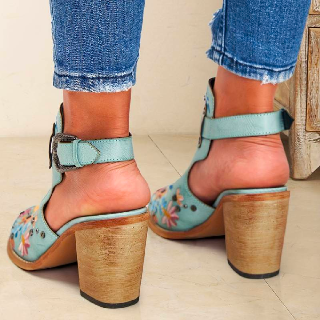 Women's Ankle Boots - Western Style - Embroidered Floral - Stacked Heel - Buckle Strap
