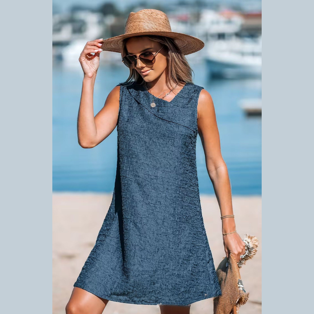 Women's A-Line Mini Dress - Sleeveless - Asymmetrical Neckline - Flowy Textured Fabric