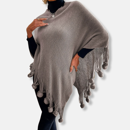 Sienna Relaxed Fit Cape | Fringe Pom-Pom Trim Cape