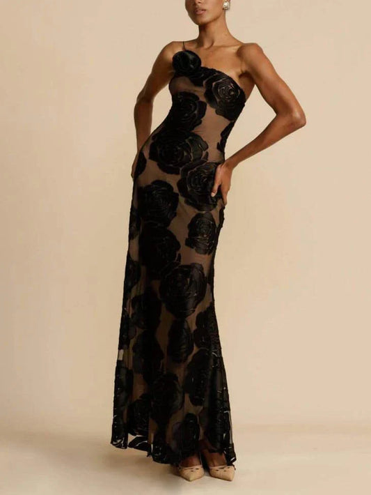 Floral Appliqués One-Shoulder Evening Gown