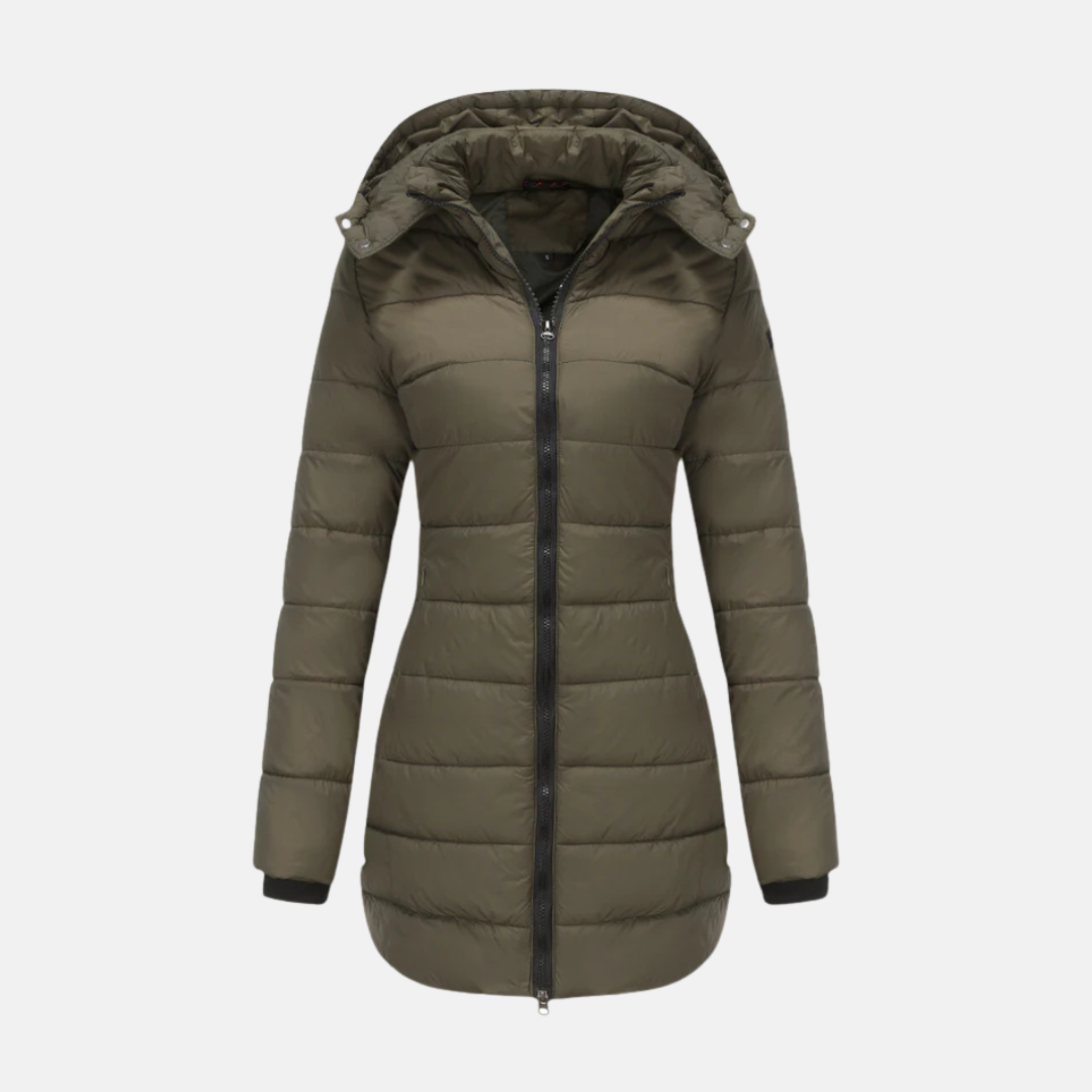 Women’s Longline Padded Coat – Quilted Design – Hooded – Two-Way Zipper – Structured Fit