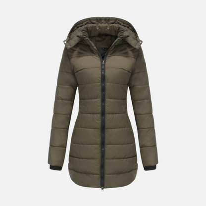 Women’s Longline Padded Coat – Quilted Design – Hooded – Two-Way Zipper – Structured Fit