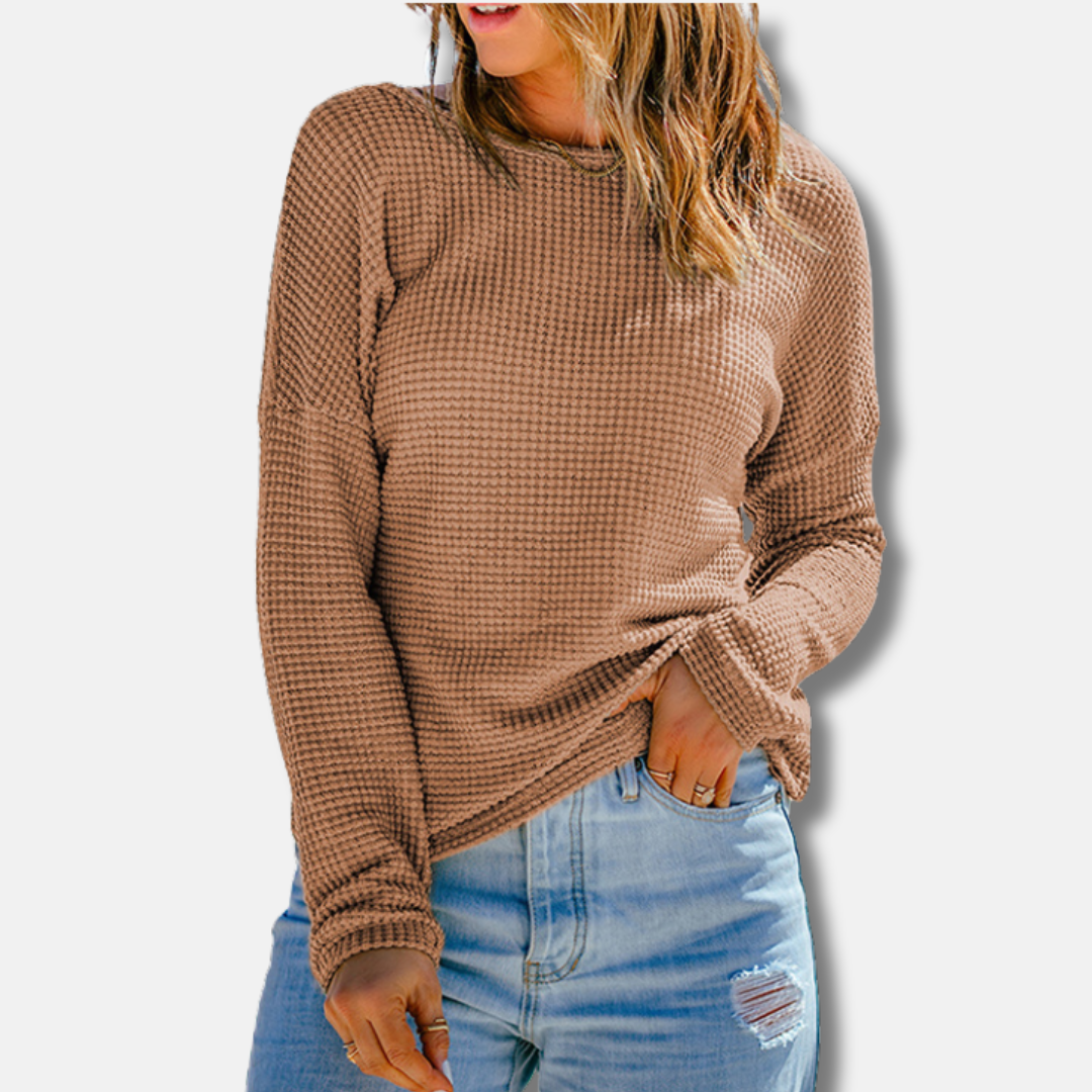 Women’s Long Sleeve Top – Waffle Knit – Relaxed Fit – Drop Shoulder – Ribbed Cuffs
