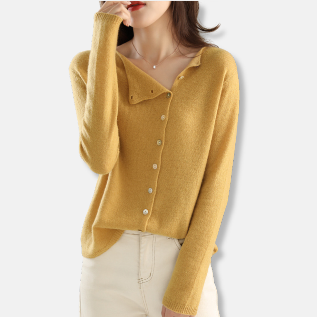Women’s Knitted Cardigan – Relaxed Fit – Wool Blend – Asymmetrical Button – Long Sleeve