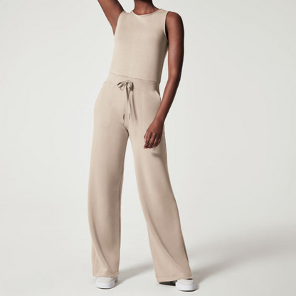 Women's Two-Piece Set - Sleeveless Fitted Top & Wide-Leg Pants - High Waist Adjustable Fit