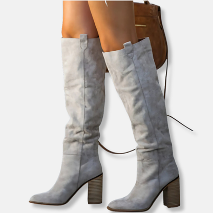 Women’s Knee-High Boots - Suede-Like Textile - Chunky Block Heel - Pointed Toe