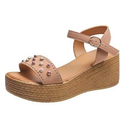 Women's Wedge Sandals - Adjustable Ankle Strap - Studded Forefoot - Comfortable Heel