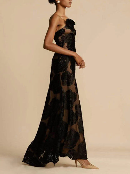 Women’s Evening Gown - One-Shoulder - Sheer Overlay with Floral Appliqués - Floor-Length