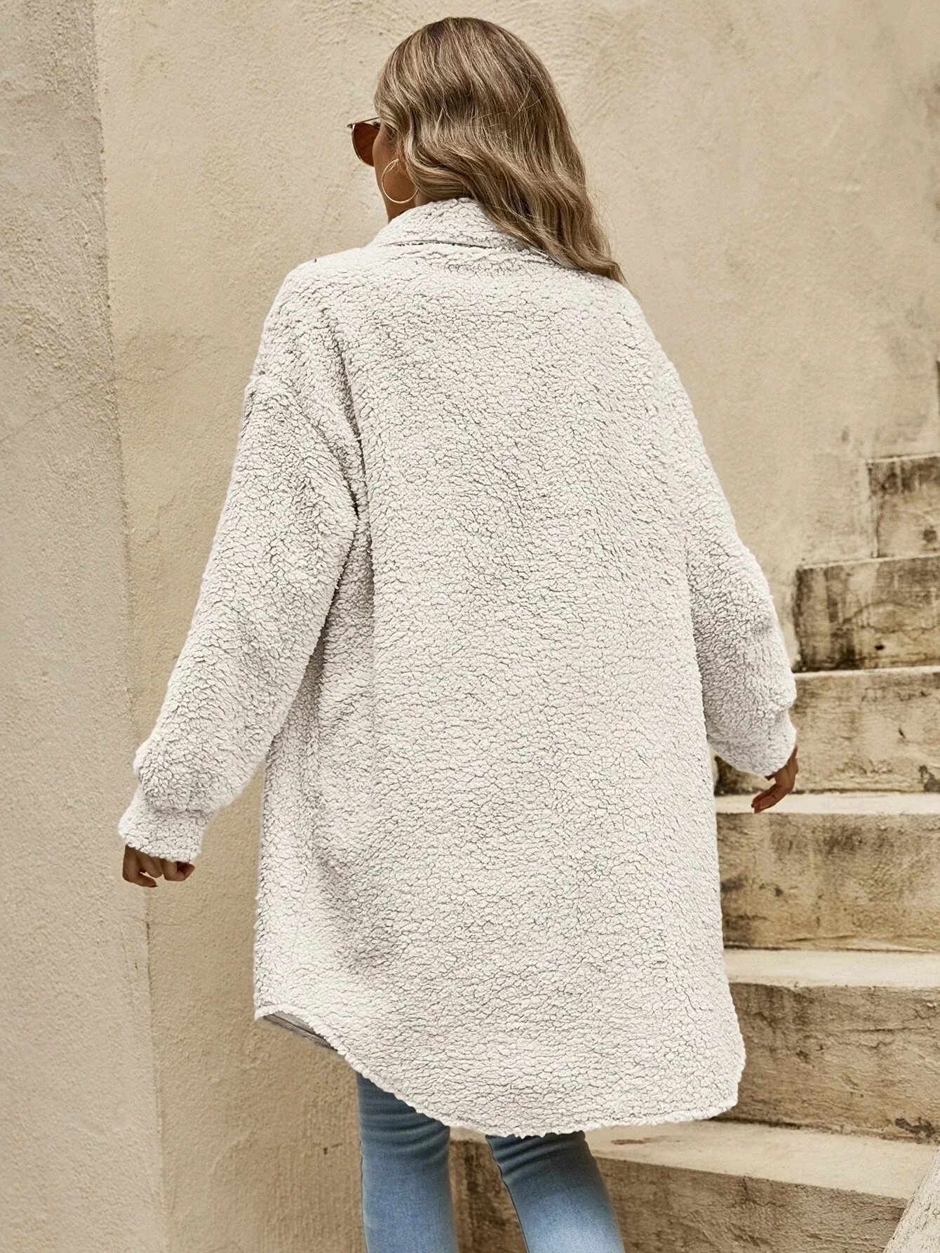 Women’s Teddy Coat - Sherpa Fleece - Oversized Fit - Button Front - Longline Casual Style