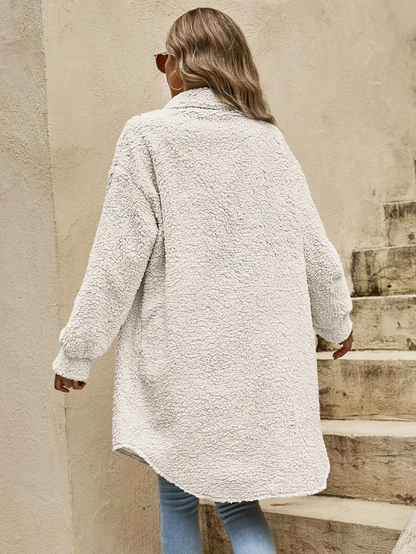 Women’s Teddy Coat - Sherpa Fleece - Oversized Fit - Button Front - Longline Casual Style