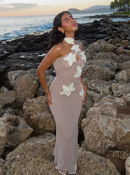 Women’s Crochet Maxi Dress – Strapless Floral Appliqué – Elegant Boho Open-Weave Design