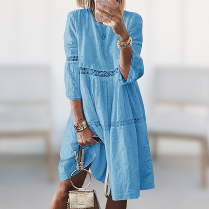 Women's Embroidered Dress - Knee-Length - Three-Quarter Sleeve - Elegant Eyelet Detailing