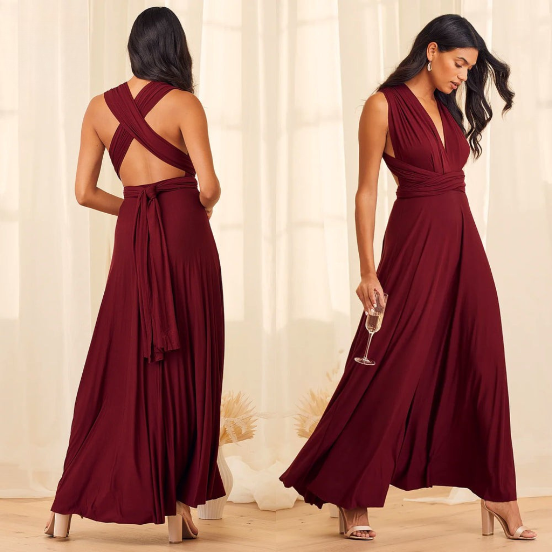 Women's Maxi Dress - Flowing A-Line Silhouette - Deep V-Neck - Open Back Tie Detail