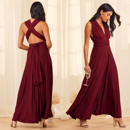 Women's Maxi Dress - Flowing A-Line Silhouette - Deep V-Neck - Open Back Tie Detail