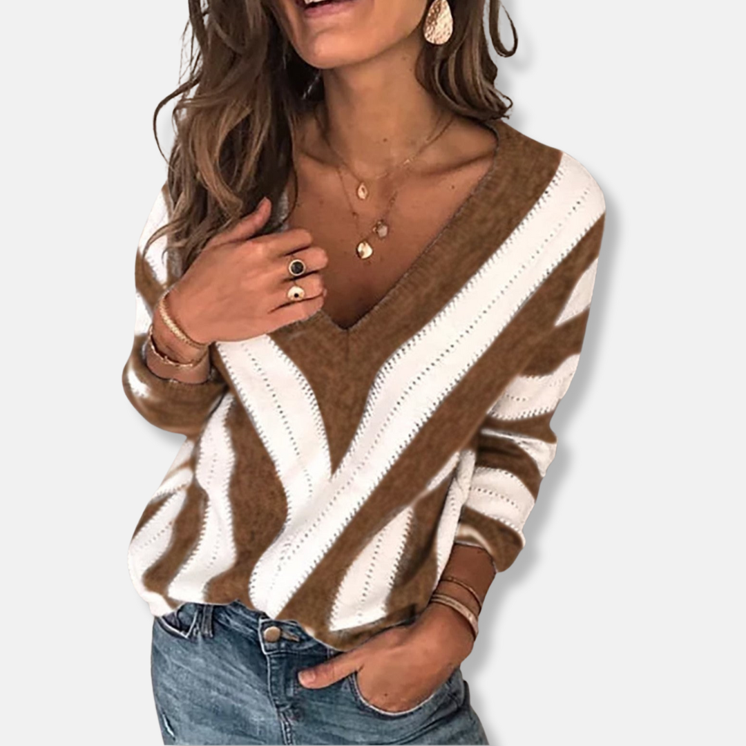 Amelia Relaxed Fit V-Neck Sweater | Striped Long Sleeve Sweater