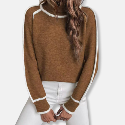 Women’s Sweater – Knit Relaxed Fit – High Roll Neck – Stripe Sleeve Detail