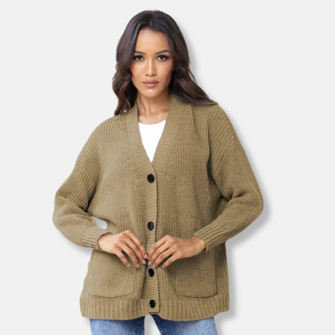 Amelia Wool Oversized Cardigan | V-Neck Button Front Pockets Cardigan