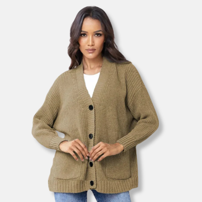 Amelia Wool Oversized Cardigan | V-Neck Button Front Pockets Cardigan