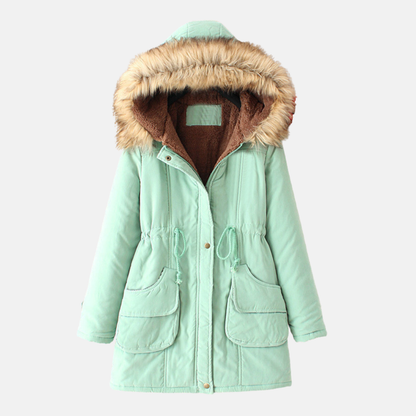 Women’s Hooded Parka Coat – Slim Regular Fit – Sherpa Lined – Faux Fur Hood – Drawstring Waist – Mid-Thigh Length