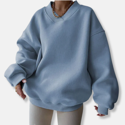 Women’s Sweatshirt - Cotton Blend - Oversized Relaxed Fit - V-Neck - Ribbed Cuffs