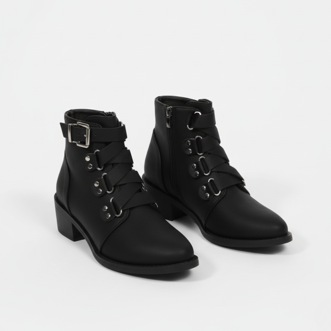 Women’s Ankle Boots - Faux Leather - Side Zipper - Buckle Strap - Block Heel