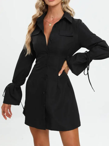 Women's casual black lapel tie shirt long sleeve dress