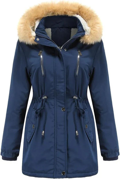 Women's long coat with faux fur hood and fleece lining