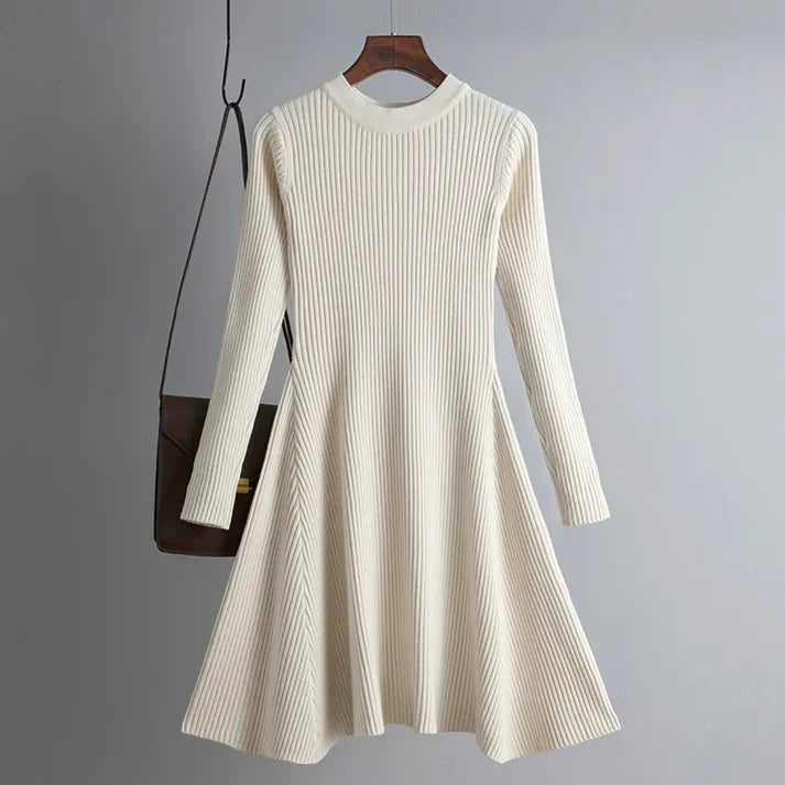 Women's Knitted Ribbed Mini Dress - Long Sleeve - Fitted A-Line Silhouette