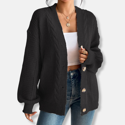 Women’s Cardigan Jacket – Wool Knit – Oversized Fit – Cable Pattern – Button Front