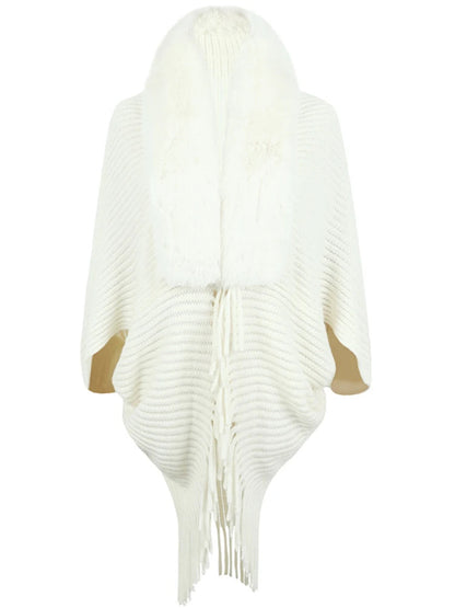 Women's knitted cape coat with fur collar