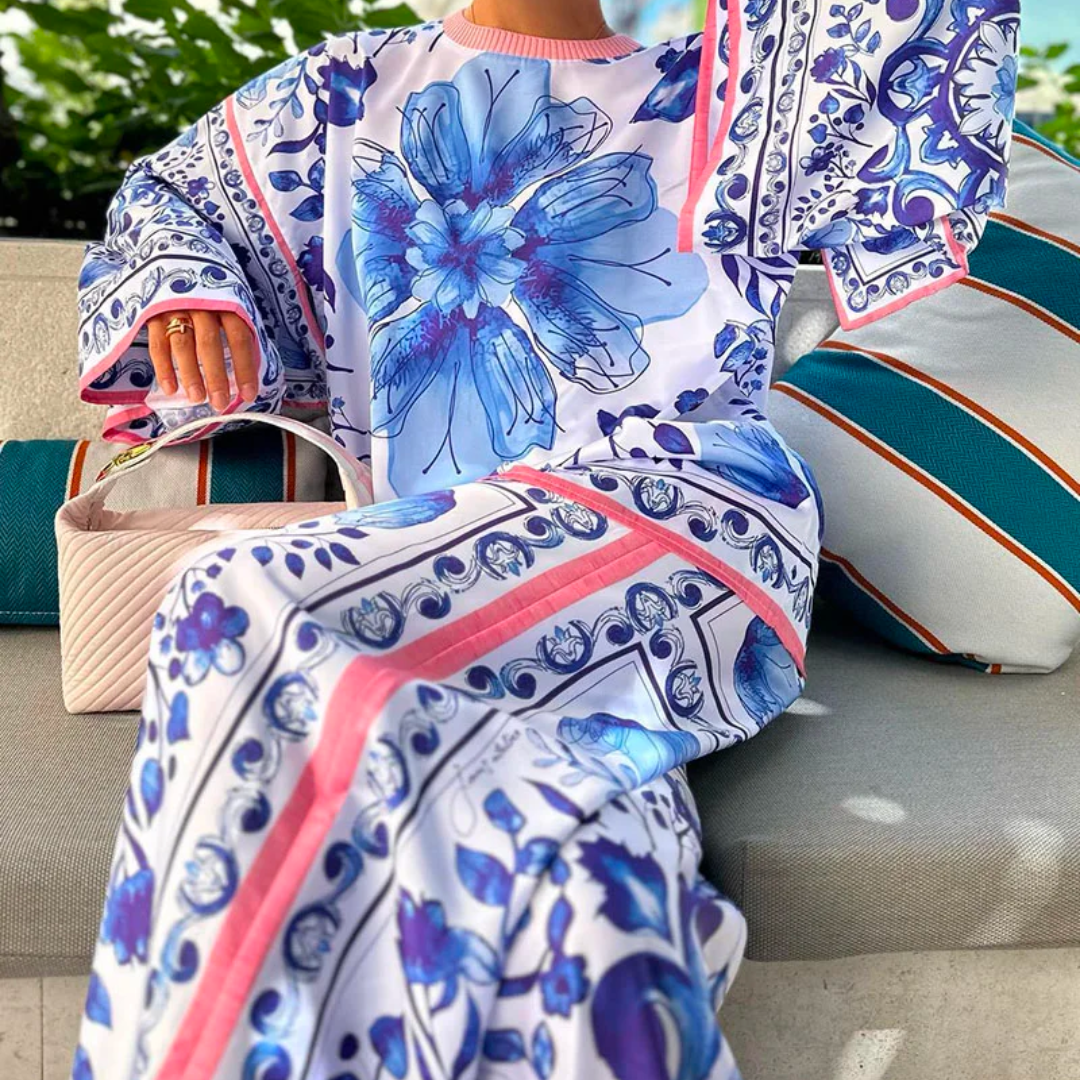 Women's blue and white porcelain print casual two-piece set