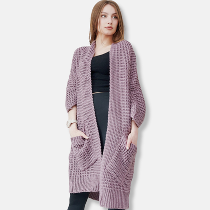 Women’s Knitted Coat – Oversized Fit – Chunky Wool Blend – Open Front – Patch Pockets