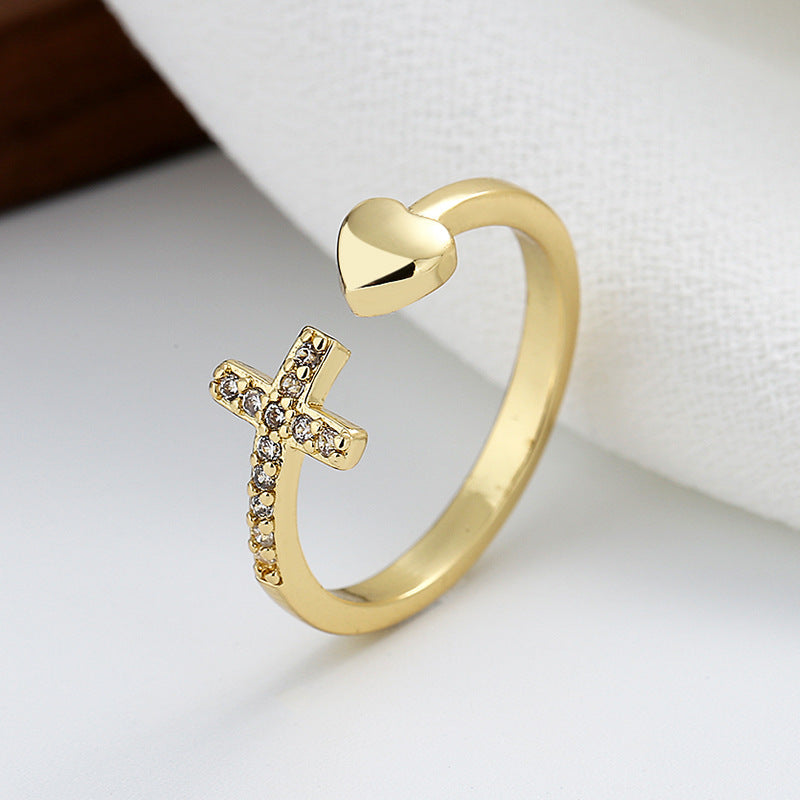 Elegant adjustable heart ring with sparkling zirconia cross