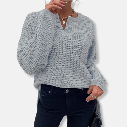 Women’s Sweater - Knit - Relaxed Fit - Notched V-Neck - Long Sleeve