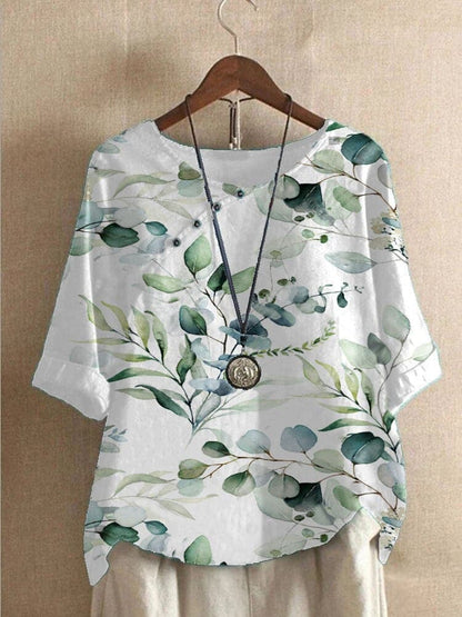 Women’s Blouse – Relaxed Fit – Round Neck – Mid Sleeve – Floral Print – Breathable Blend