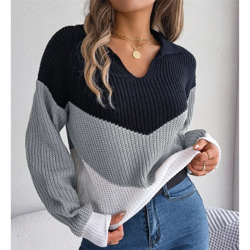 Women's contrast color lapel knitted pullover sweater