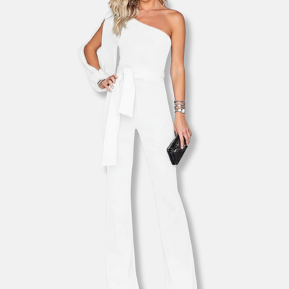 Women’s Elegant Overall - One Shoulder - Slim Fit - Belted Waist - Flared Leg