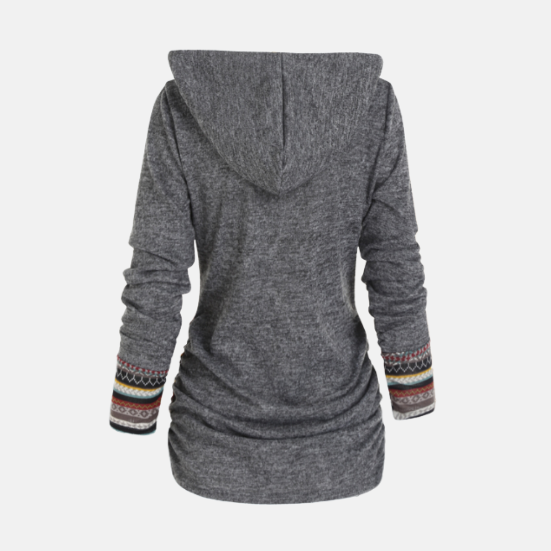Women’s Hooded Top – Knit Fabric – Fitted Silhouette – Tribal Pattern Accents