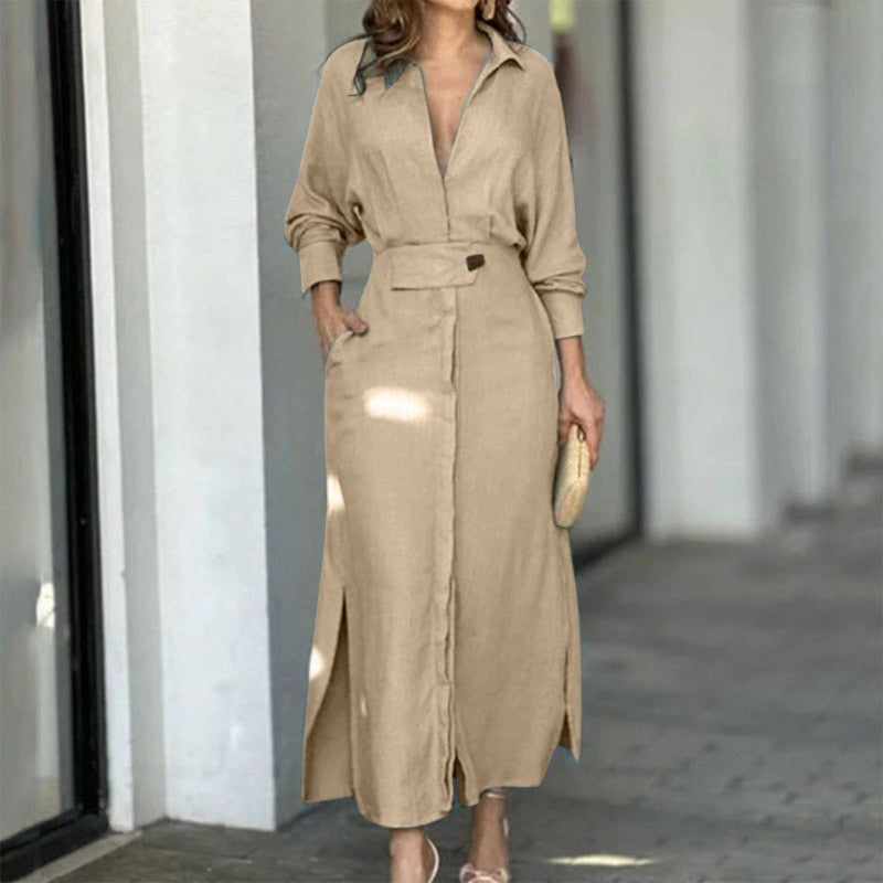Belted Flowy Button-Down Maxi Shirt Dress