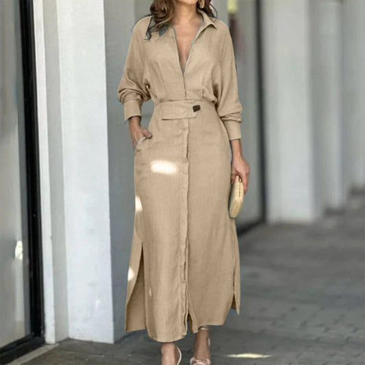 Belted Flowy Button-Down Maxi Shirt Dress