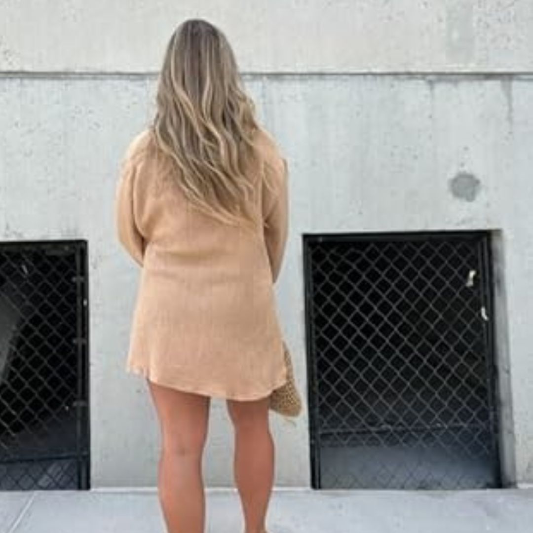 Women's Oversized Shirt Dress - Button Down - Long Sleeve - Lightweight Textured Fit