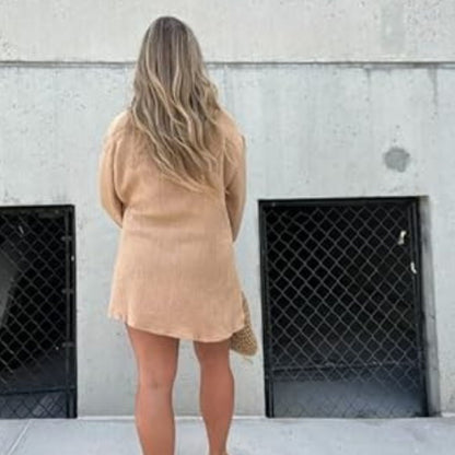 Women's Oversized Shirt Dress - Button Down - Long Sleeve - Lightweight Textured Fit