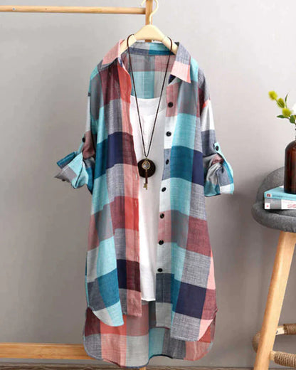 Women's Plaid Tunic Shirt - Oversized Fit - Button-Up Long Sleeve Casual Wear