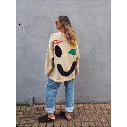 Women’s Knit Pullover – Oversized Fit – Long Sleeve – Abstract Back Design