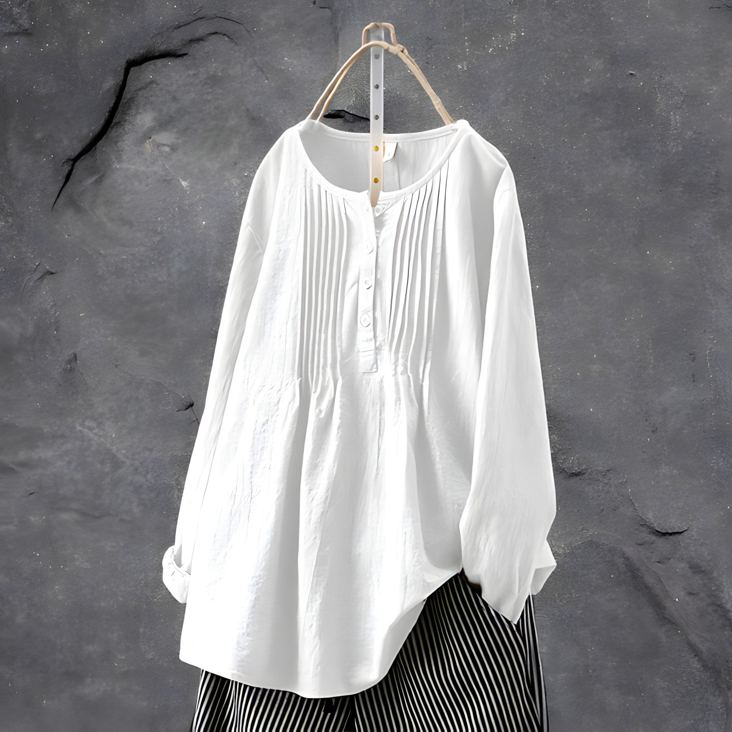 Women's Blouse - Loose Fit - Crew Neck - Button Front - Long Sleeve Pleated Design