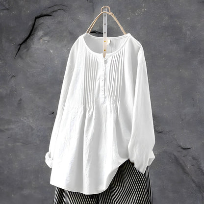 Women's Blouse - Loose Fit - Crew Neck - Button Front - Long Sleeve Pleated Design