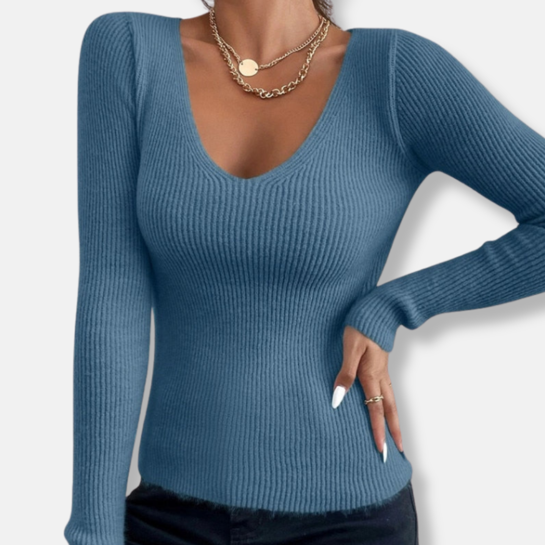 Women’s Top - Knit - Slim Fit - Long Sleeve - Deep V-Neck