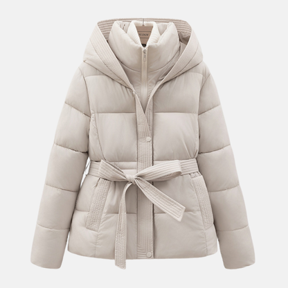 Women’s Padded Coat – Quilted Slim Fit – Hooded with Tie Waist and Pockets