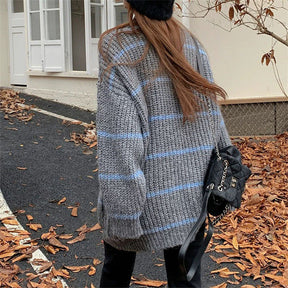Women's retro gray striped oversized cardigan